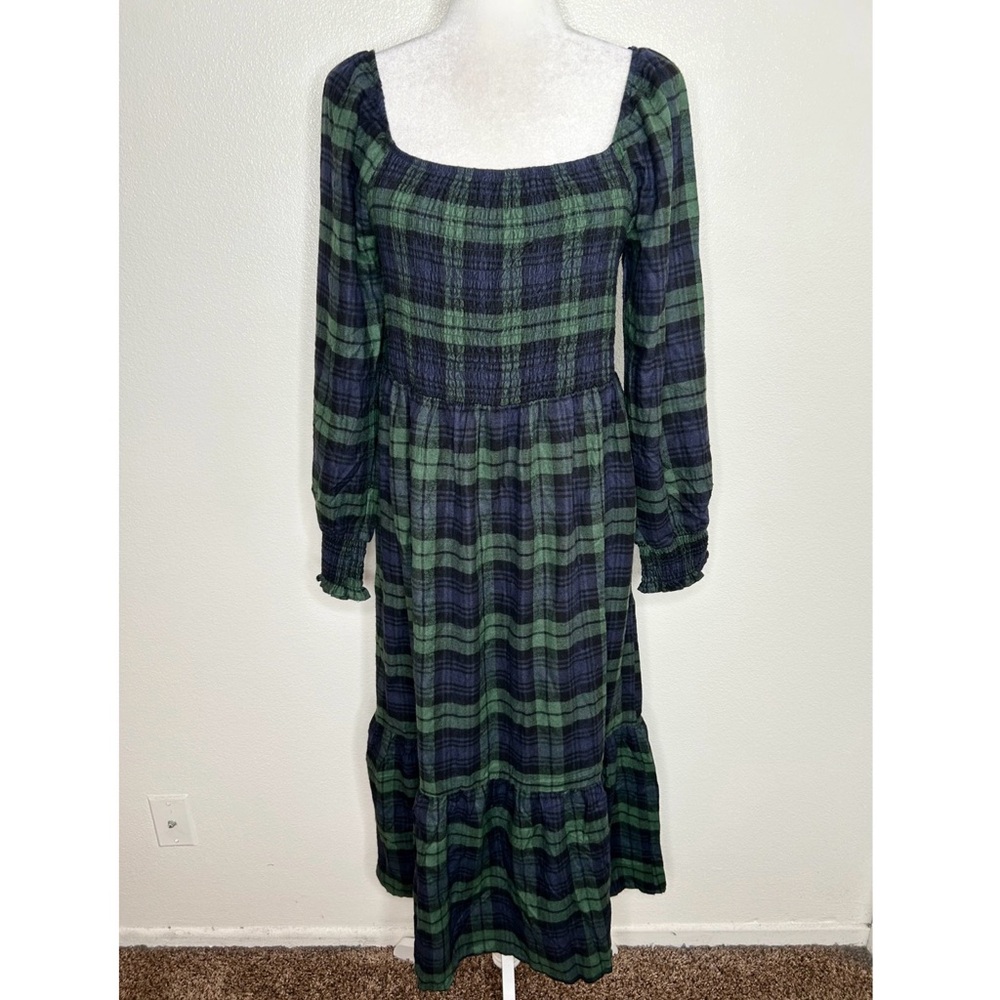 New Lucky Brand Womens Navy & Green Plaid Long Sleeve Midi Dress Size L NWT